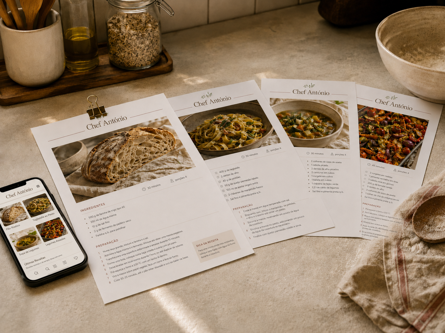 Folhas de receitas do Chef António Duarte impressas ao lado do telemóvel