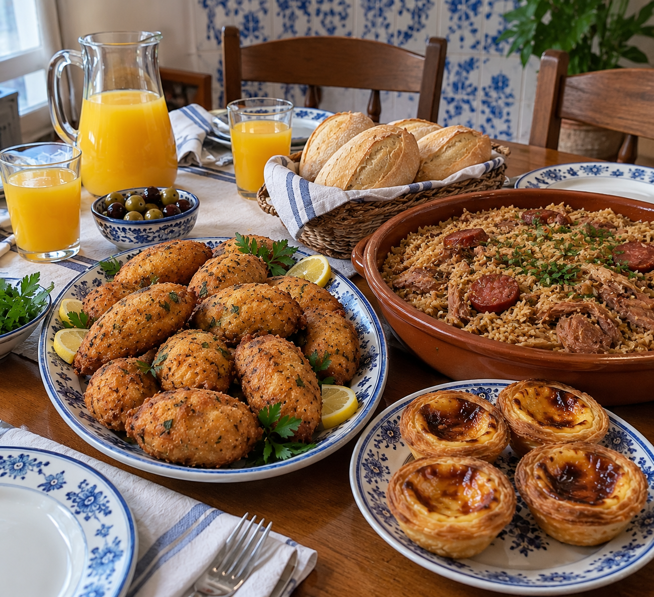 Mesa portuguesa com pastéis de nata, pão, bolinhos de bacalhau e arroz de pato